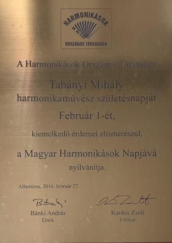 Harmonikások Napja okirat